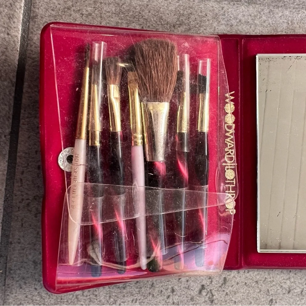 Vintage Woodward & Lothrop Red Makeup Brush Set Compact Mirror Travel Case